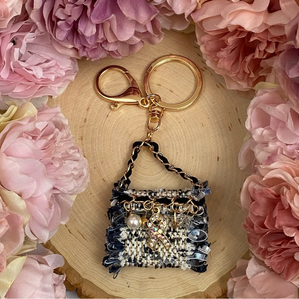 Blue and Black Textured Fabric Handbag Keychain Charm - Picture 6 of 16